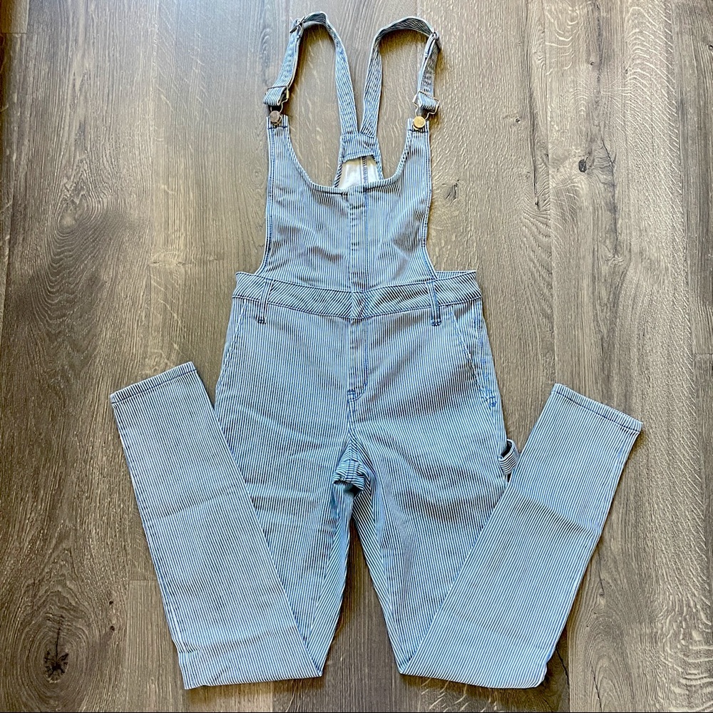 BEBE striped denim jumpsuit